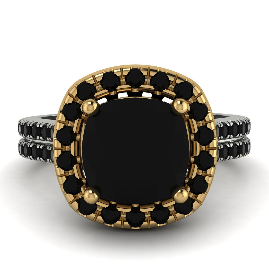 Two Tones Gorgeous Cushion Cut Black Diamond Pave Double Shank Engagement Ring With Hidden Stone - Kira No. 80