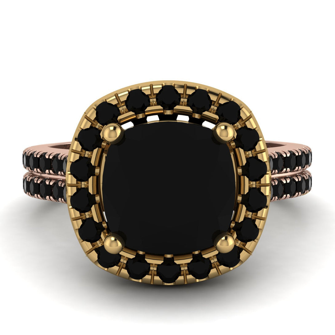 Two Tones Gorgeous Cushion Cut Black Diamond Pave Double Shank Engagement Ring With Hidden Stone - Kira No. 79