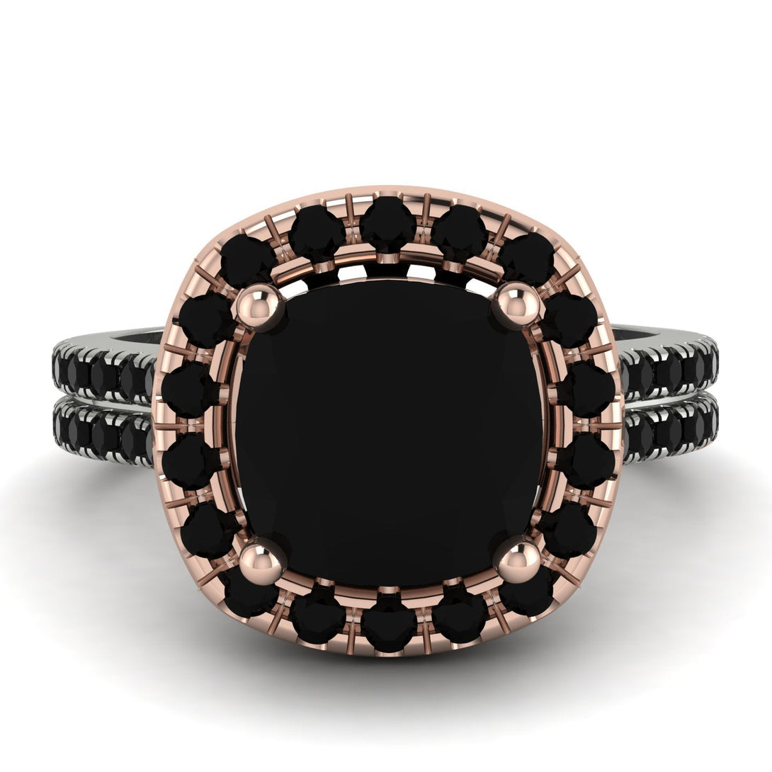 Two Tones Gorgeous Cushion Cut Black Diamond Pave Double Shank Engagement Ring With Hidden Stone - Kira No. 81