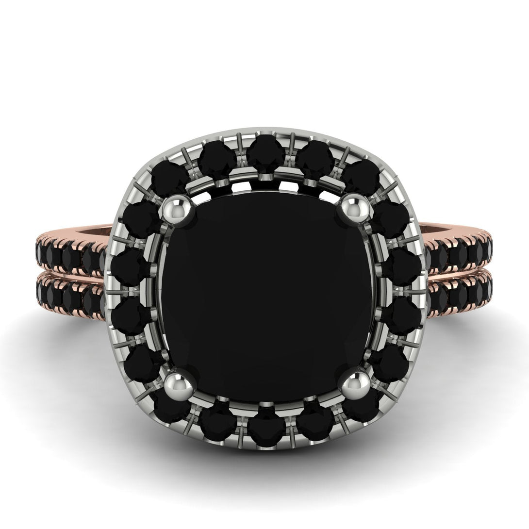 Two Tones Gorgeous Cushion Cut Black Diamond Pave Double Shank Engagement Ring With Hidden Stone - Kira No. 81