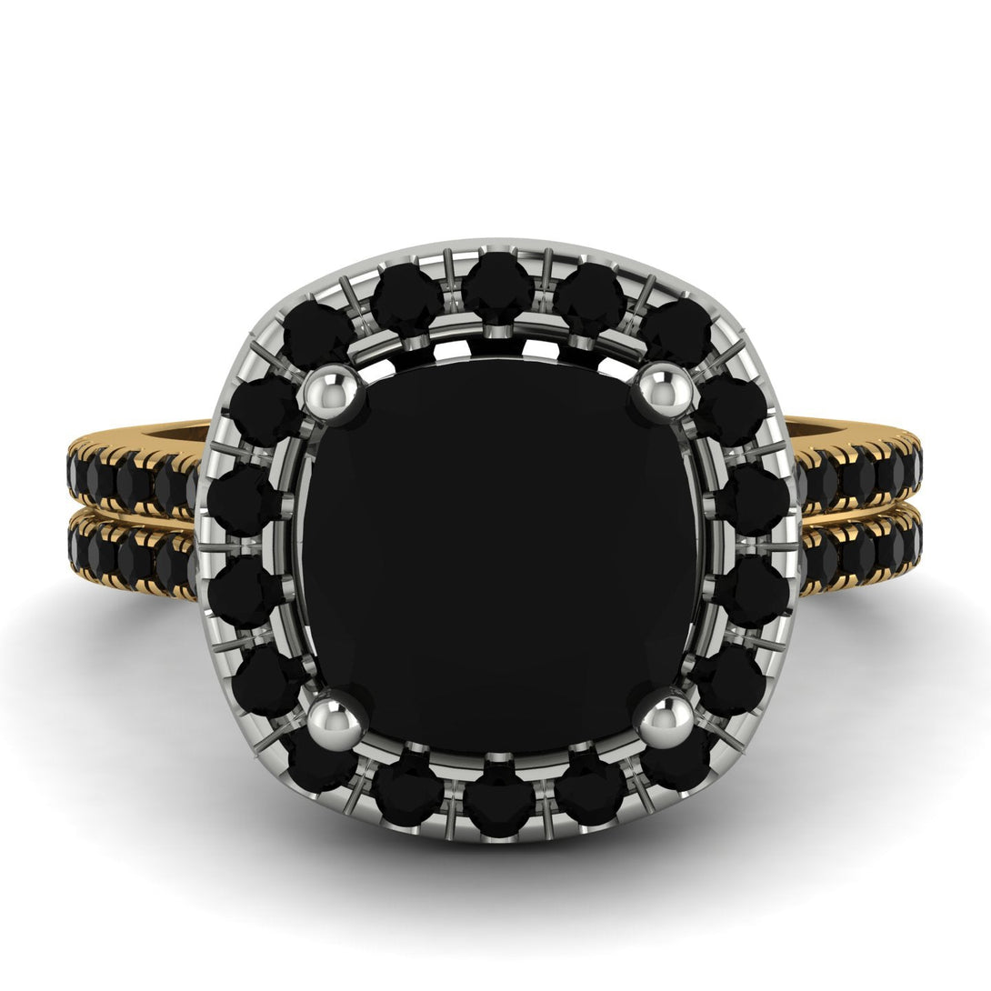 Two Tones Gorgeous Cushion Cut Black Diamond Pave Double Shank Engagement Ring With Hidden Stone - Kira No. 80
