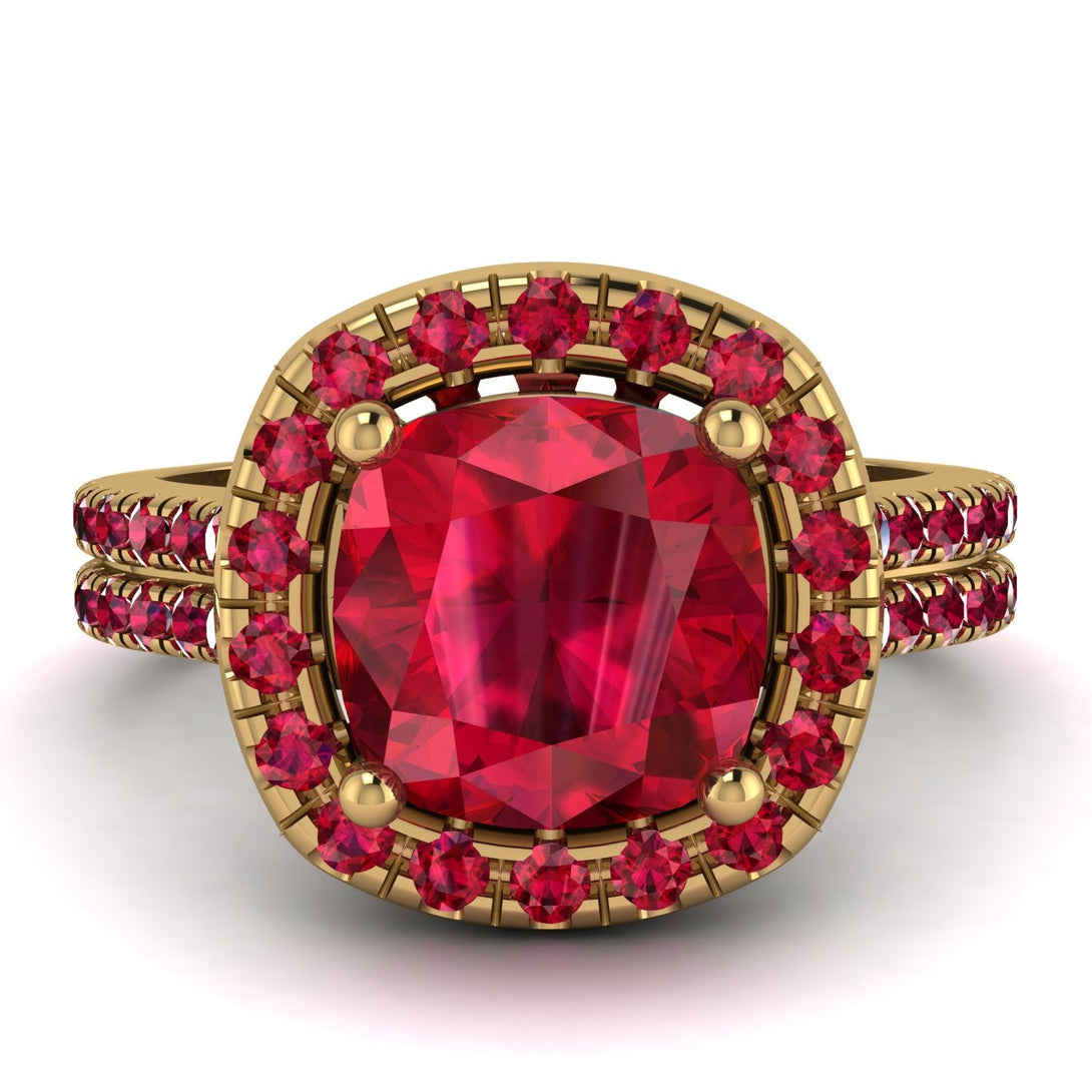 Gorgeous Cushion Cut Ruby Pave Double Shank Engagement Ring With Hidden Stone - Kira No. 55