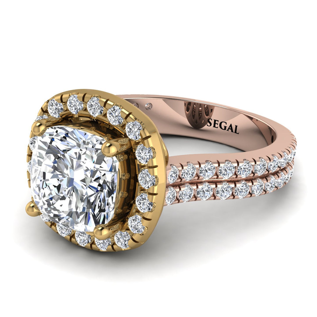 Two Tones Gorgeous Cushion Cut Diamond Pave Double Shank Engagement Ring With Hidden Stone - Kira No. 76