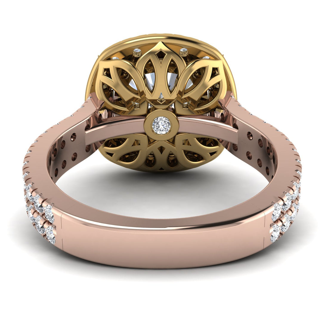 Two Tones Gorgeous Cushion Cut Diamond Pave Double Shank Engagement Ring With Hidden Stone - Kira No. 76