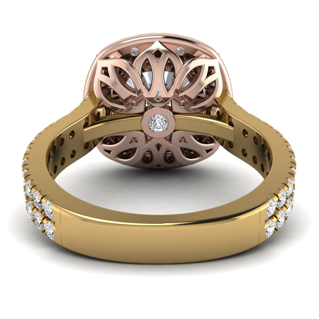 Two Tones Gorgeous Cushion Cut Diamond Pave Double Shank Engagement Ring With Hidden Stone - Kira No. 76