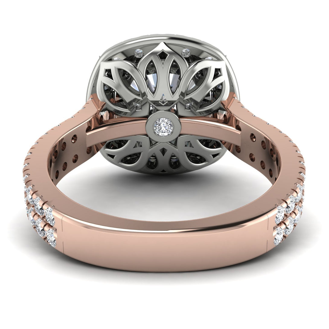 Two Tones Gorgeous Cushion Cut Diamond Pave Double Shank Engagement Ring With Hidden Stone - Kira No. 78
