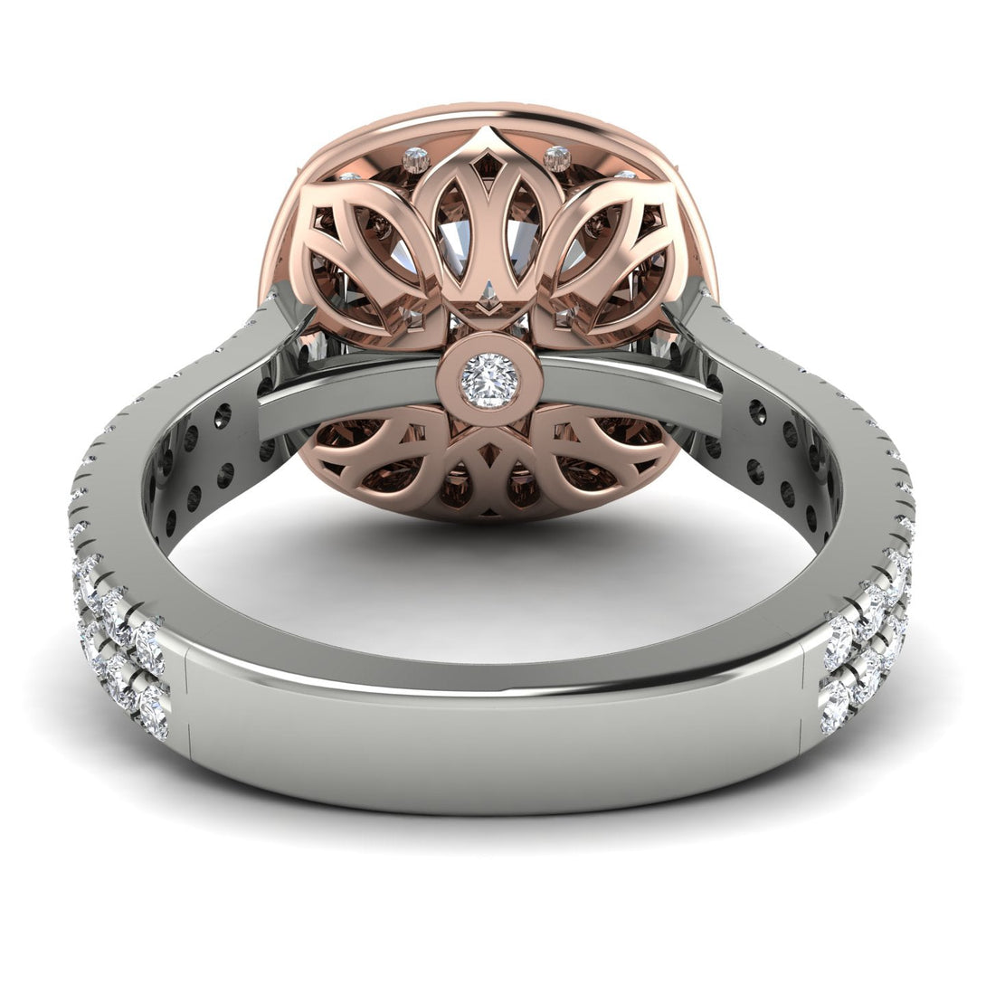 Two Tones Gorgeous Cushion Cut Diamond Pave Double Shank Engagement Ring With Hidden Stone - Kira No. 78