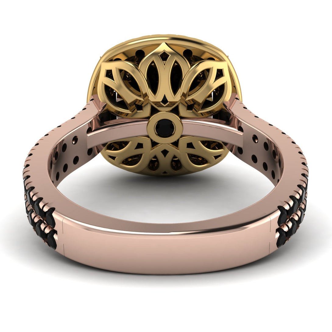 Two Tones Gorgeous Cushion Cut Black Diamond Pave Double Shank Engagement Ring With Hidden Stone - Kira No. 79