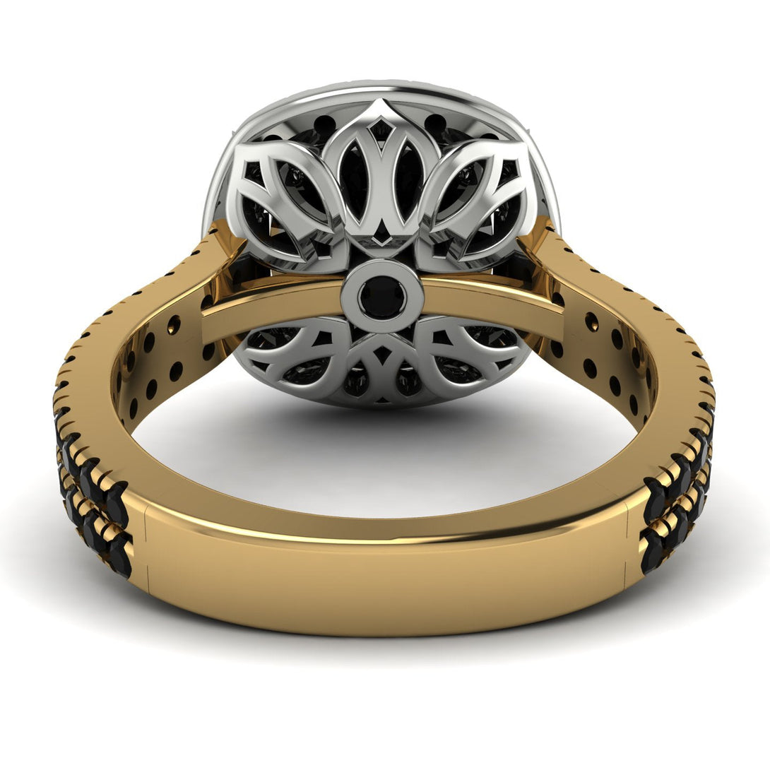 Two Tones Gorgeous Cushion Cut Black Diamond Pave Double Shank Engagement Ring With Hidden Stone - Kira No. 80