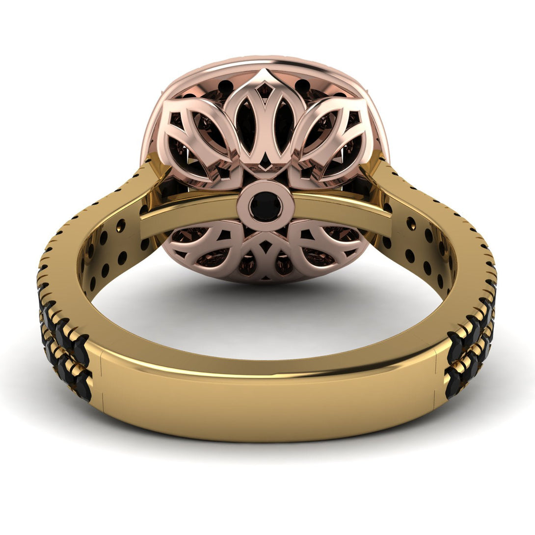 Two Tones Gorgeous Cushion Cut Black Diamond Pave Double Shank Engagement Ring With Hidden Stone - Kira No. 79