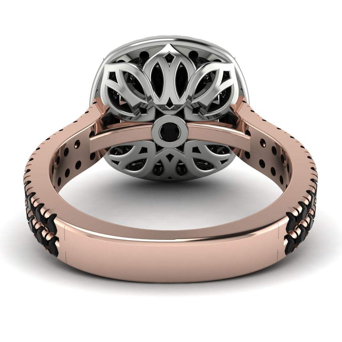 Two Tones Gorgeous Cushion Cut Black Diamond Pave Double Shank Engagement Ring With Hidden Stone - Kira No. 81