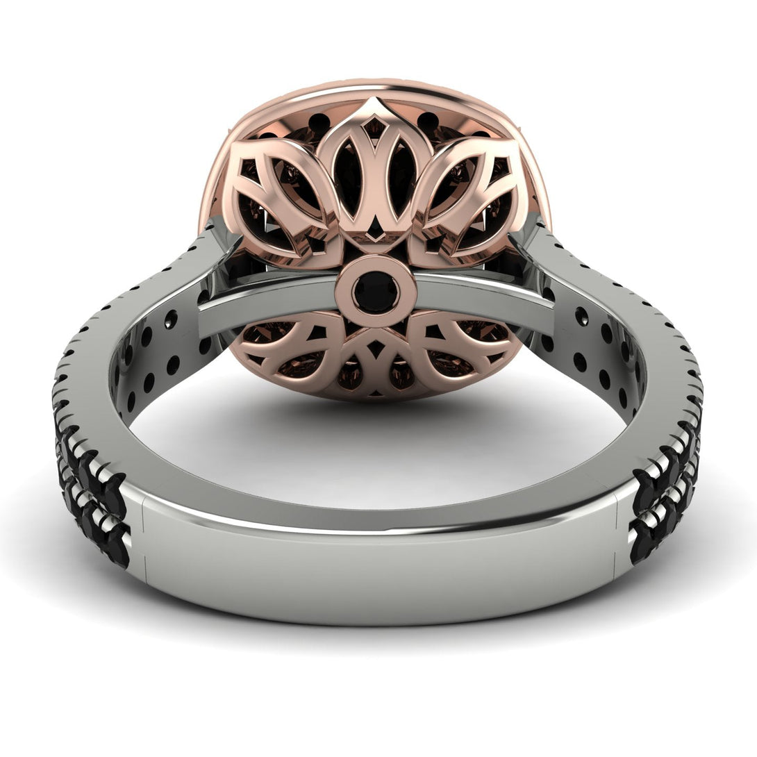 Two Tones Gorgeous Cushion Cut Black Diamond Pave Double Shank Engagement Ring With Hidden Stone - Kira No. 81