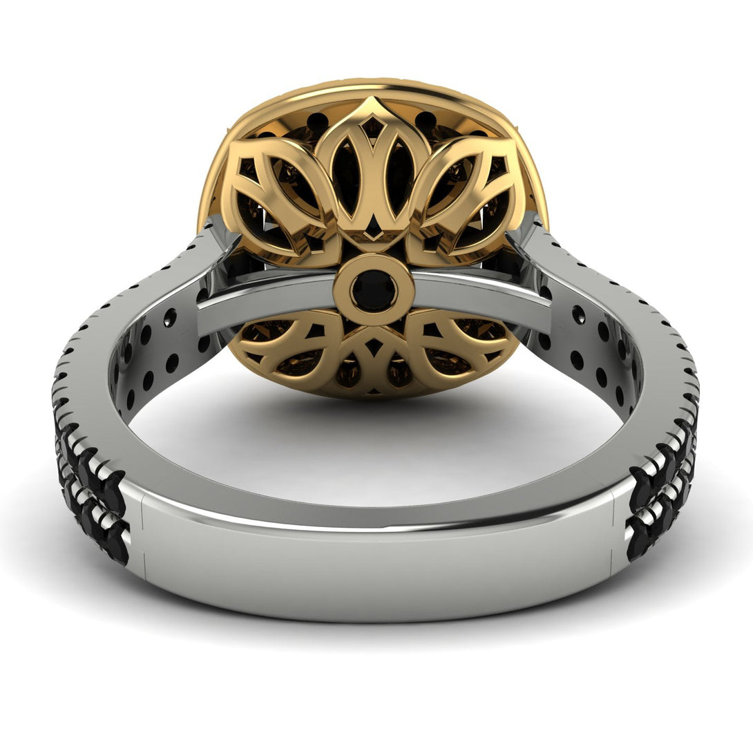 Two Tones Gorgeous Cushion Cut Black Diamond Pave Double Shank Engagement Ring With Hidden Stone - Kira No. 80