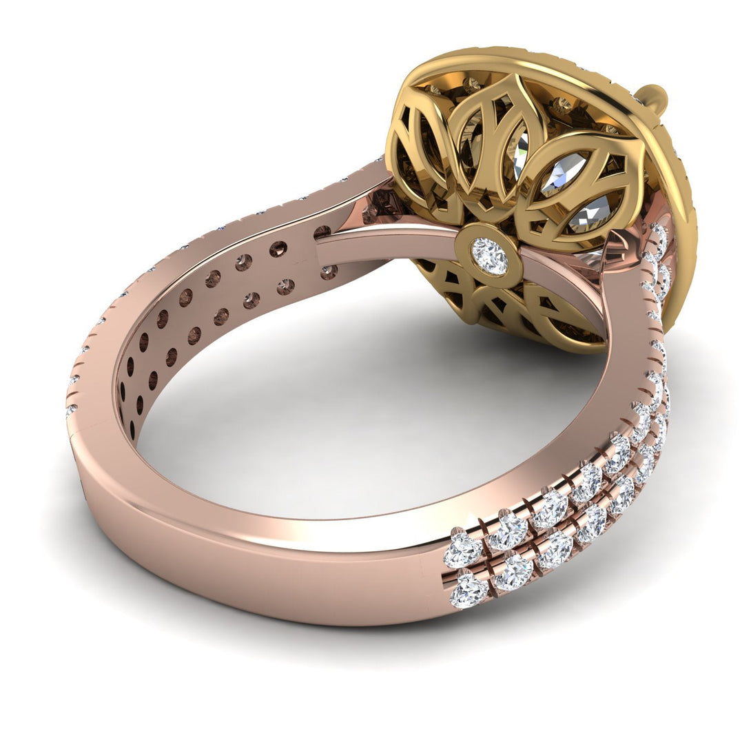 Two Tones Gorgeous Cushion Cut Diamond Pave Double Shank Engagement Ring With Hidden Stone - Kira No. 76