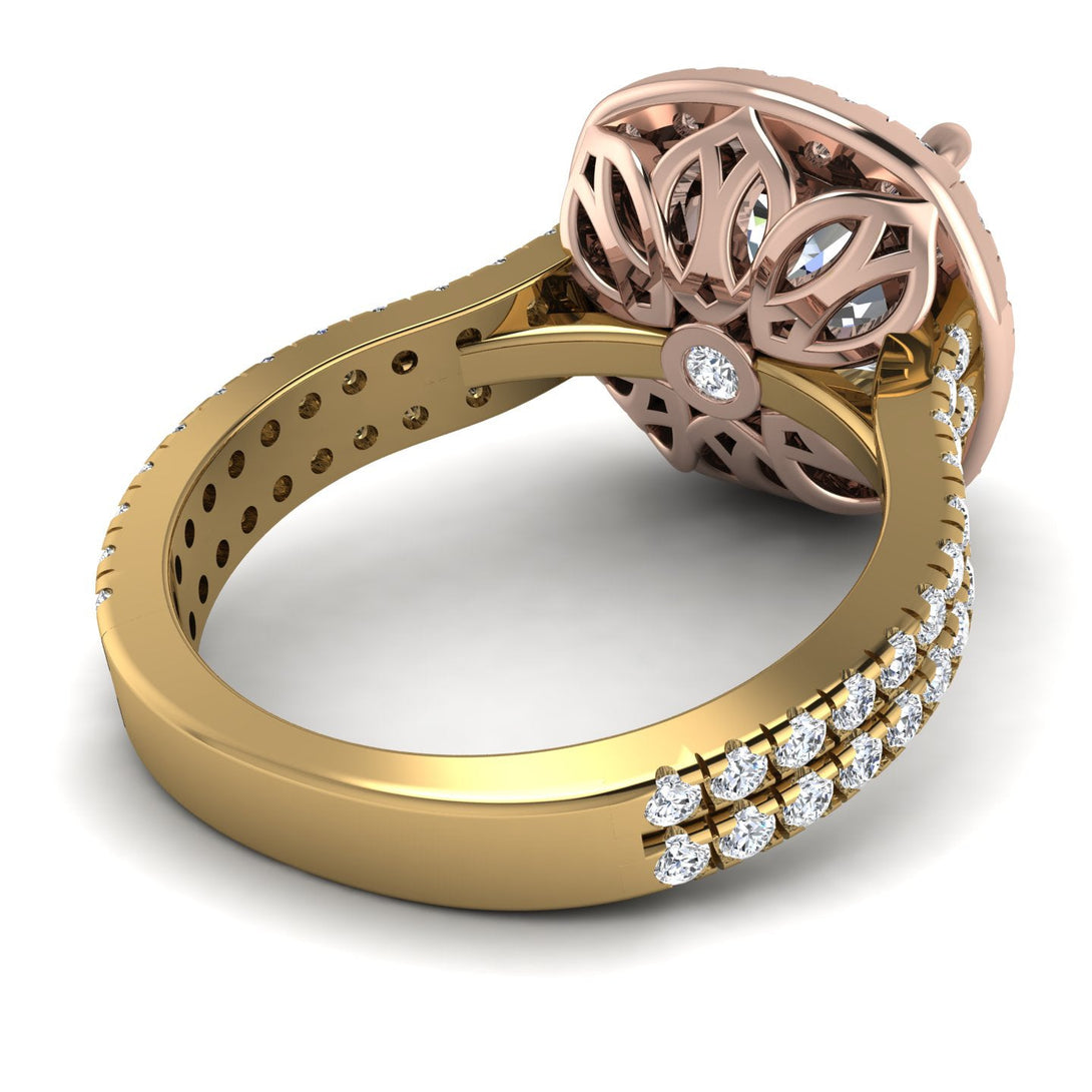 Two Tones Gorgeous Cushion Cut Diamond Pave Double Shank Engagement Ring With Hidden Stone - Kira No. 76