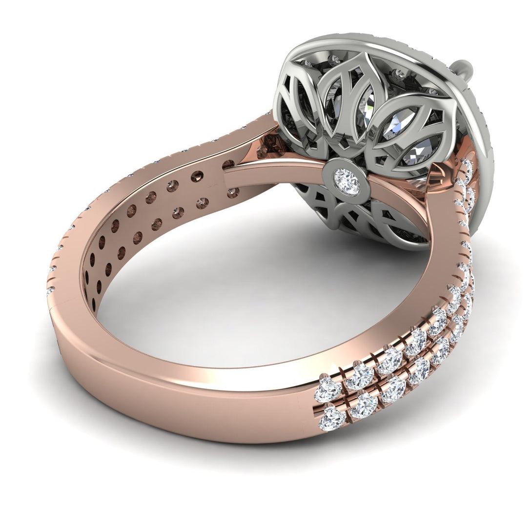 Two Tones Gorgeous Cushion Cut Diamond Pave Double Shank Engagement Ring With Hidden Stone - Kira No. 78