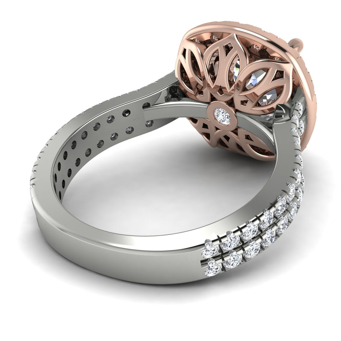 Two Tones Gorgeous Cushion Cut Diamond Pave Double Shank Engagement Ring With Hidden Stone - Kira No. 78