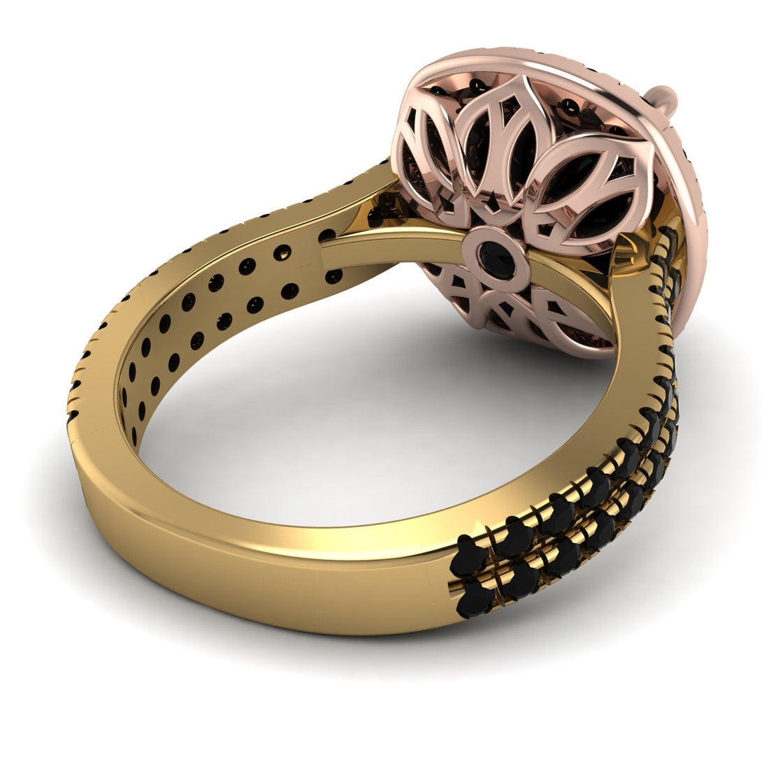 Two Tones Gorgeous Cushion Cut Black Diamond Pave Double Shank Engagement Ring With Hidden Stone - Kira No. 79