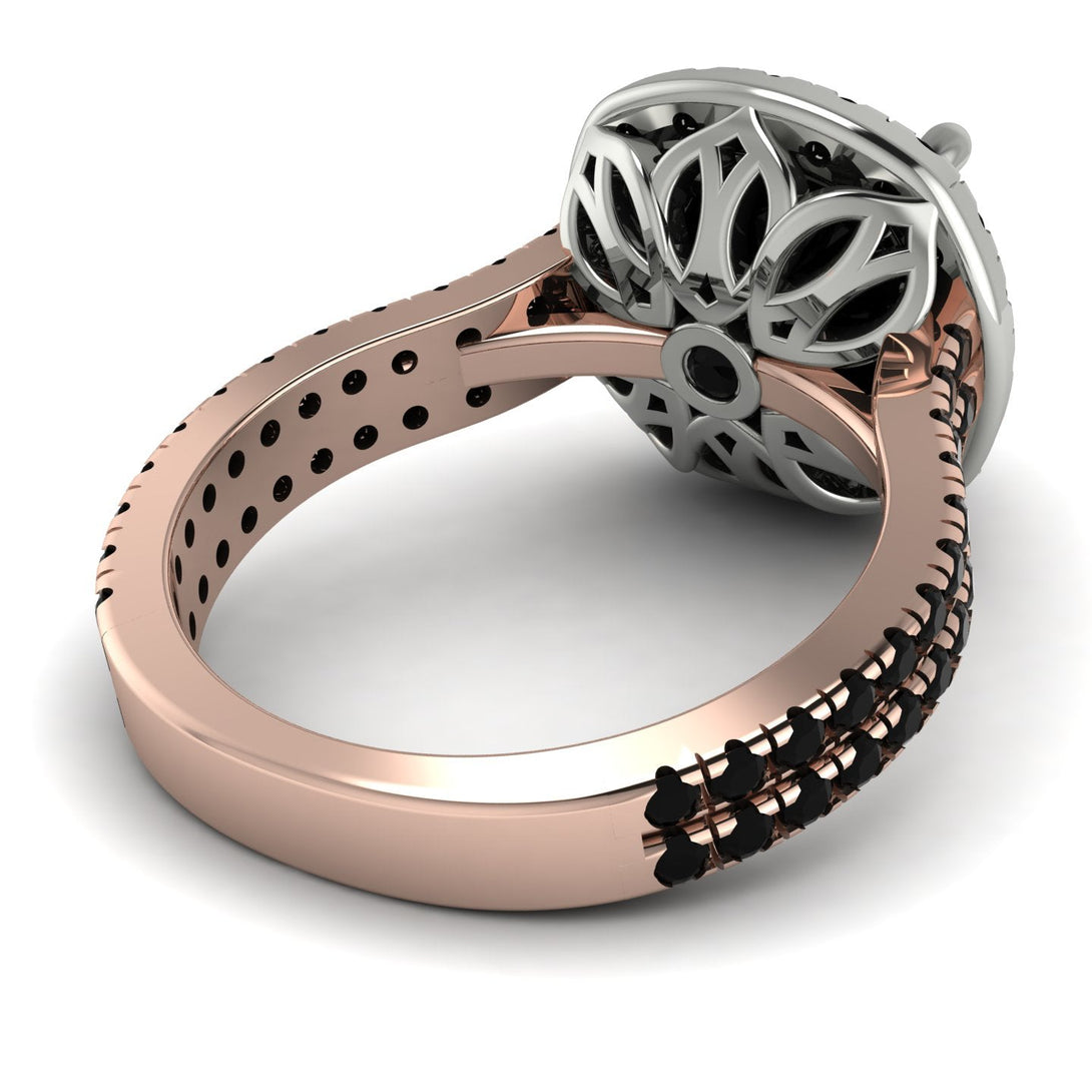 Two Tones Gorgeous Cushion Cut Black Diamond Pave Double Shank Engagement Ring With Hidden Stone - Kira No. 81