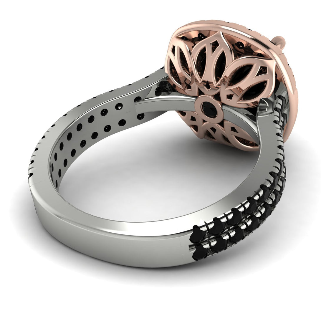Two Tones Gorgeous Cushion Cut Black Diamond Pave Double Shank Engagement Ring With Hidden Stone - Kira No. 81