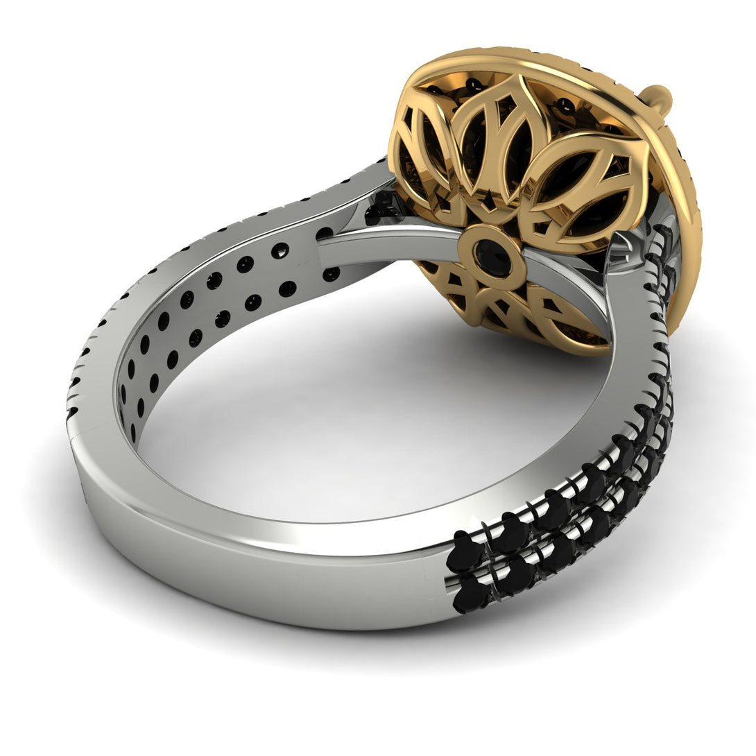 Two Tones Gorgeous Cushion Cut Black Diamond Pave Double Shank Engagement Ring With Hidden Stone - Kira No. 80