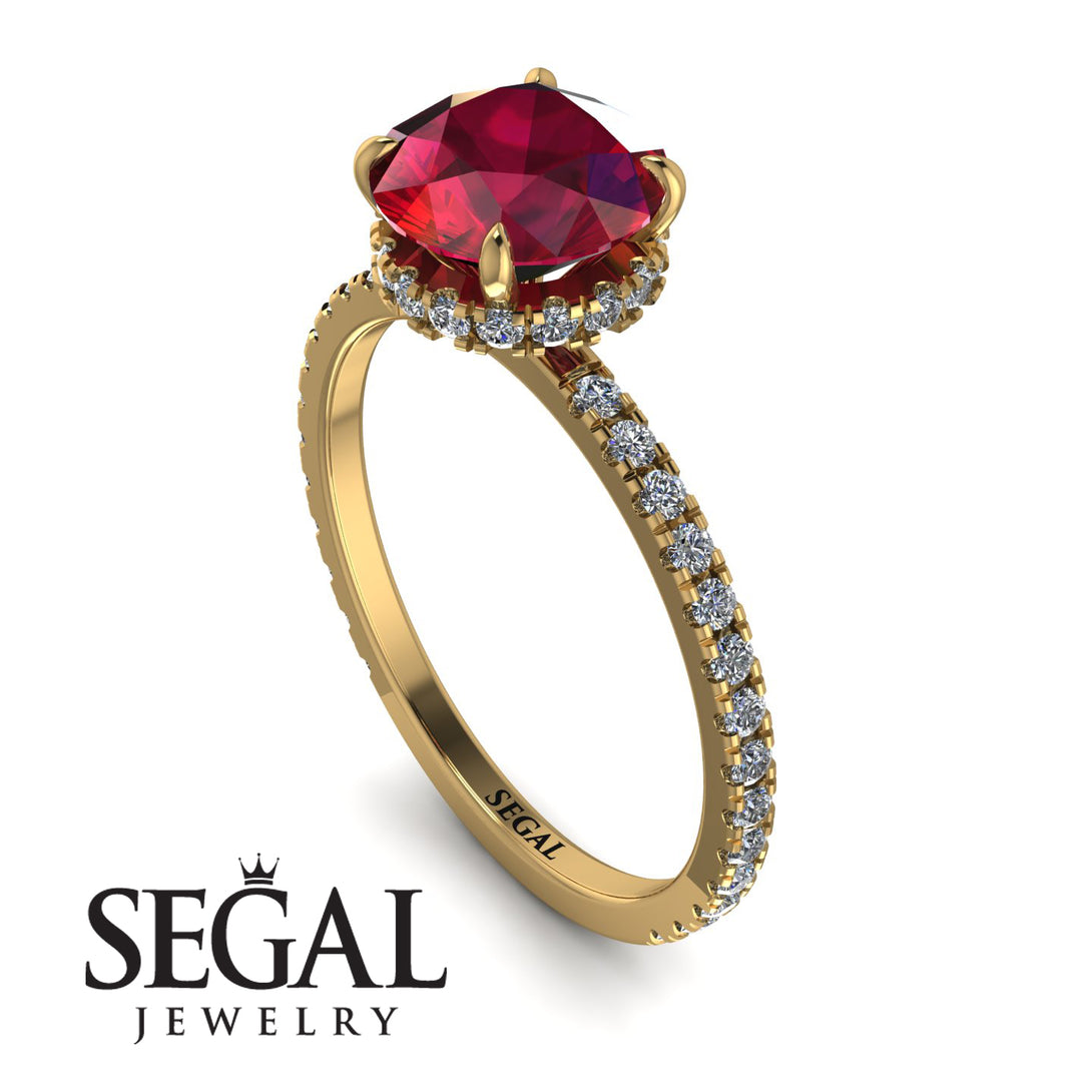 Hidden Diamond Round Ruby Cat Claw Engagement Ring - Aurora No. 10
