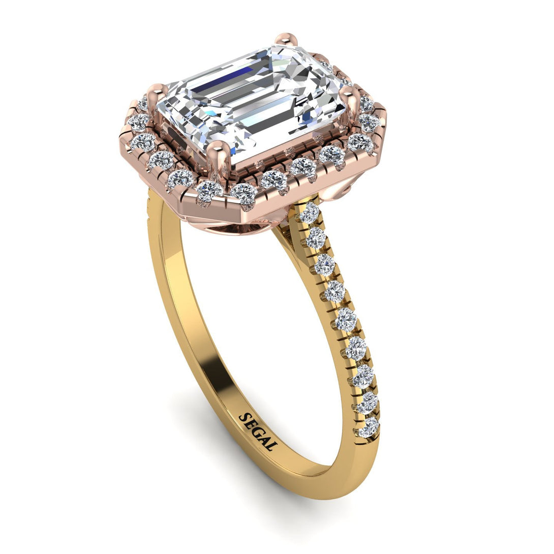 Two Tones Gorgeous Emerald Cut Diamond Pave Engagement Ring With Hidden Stone - Veronica No. 76
