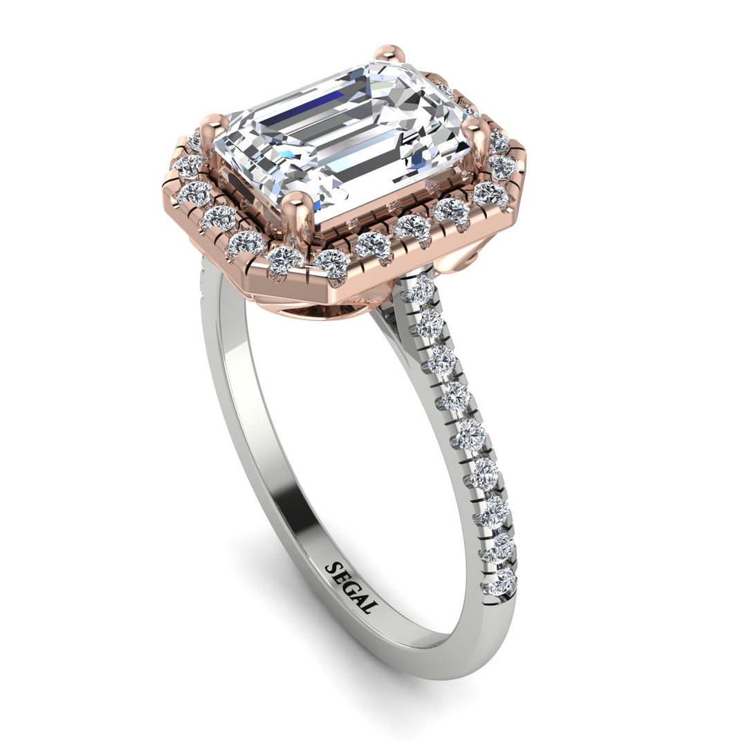 Two Tones Gorgeous Emerald Cut Diamond Pave Engagement Ring With Hidden Stone - Veronica No. 78