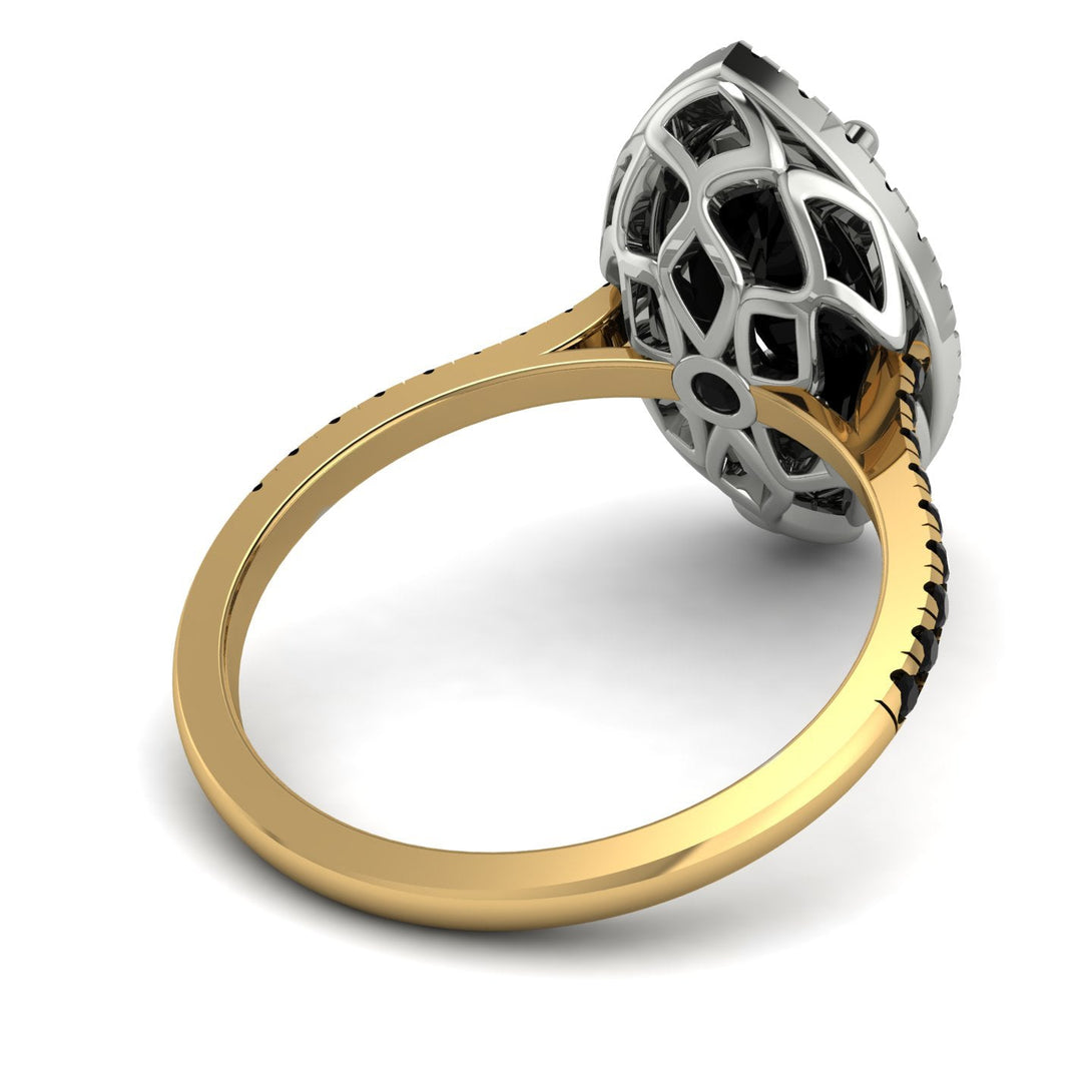 Two Tones Gorgeous Marquise Cut Black Diamond Pave Engagement Ring With Hidden Stone - Miriam No. 80