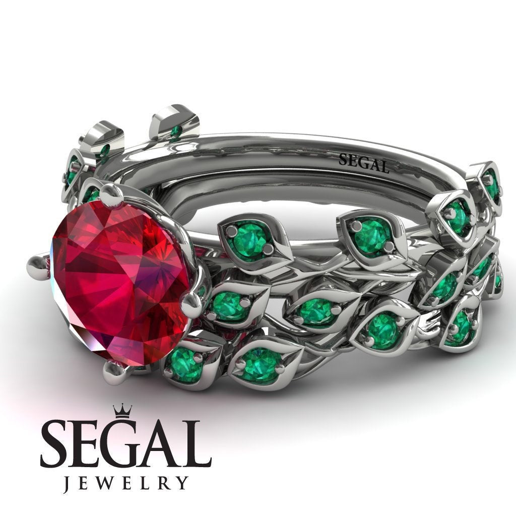 Leaves All Around Lab Ruby Wedding Bridal Set - Sydney 2ct No. 27