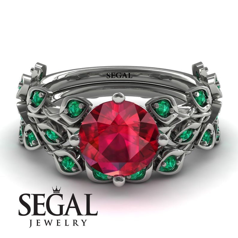 Leaves All Around Lab Ruby Wedding Bridal Set - Sydney 2ct No. 27