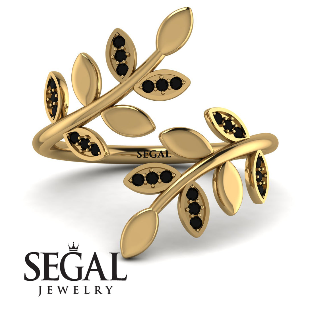 Open Ring Leaves Black Diamond Ring - Anna No. 7
