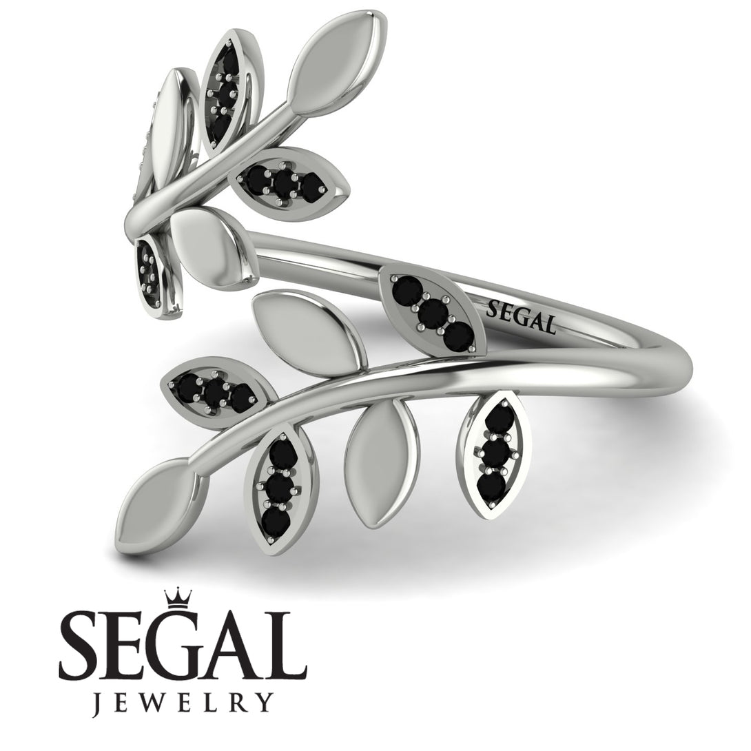 Open Ring Leaves Black Diamond Ring - Anna No. 9