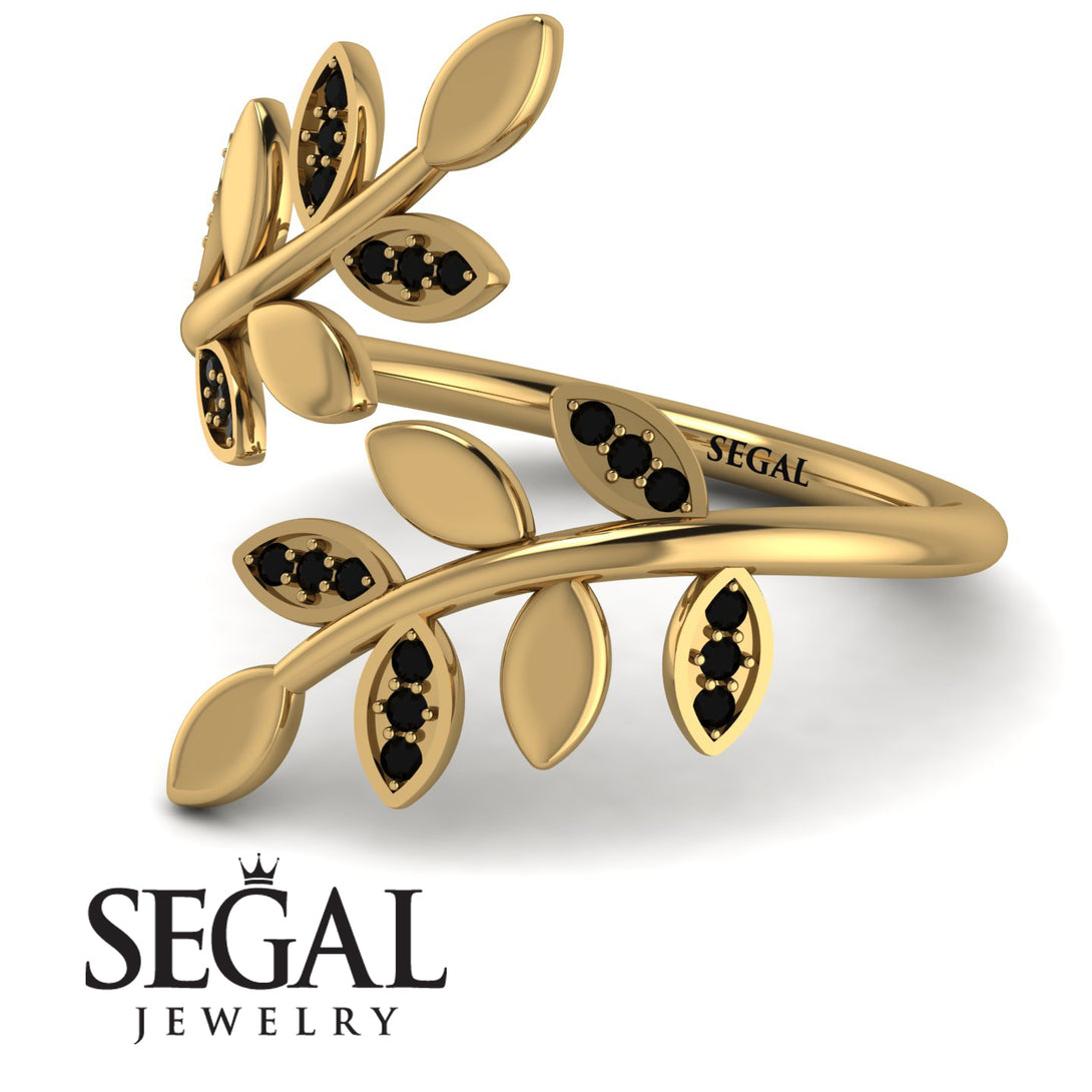 Open Ring Leaves Black Diamond Ring - Anna No. 7
