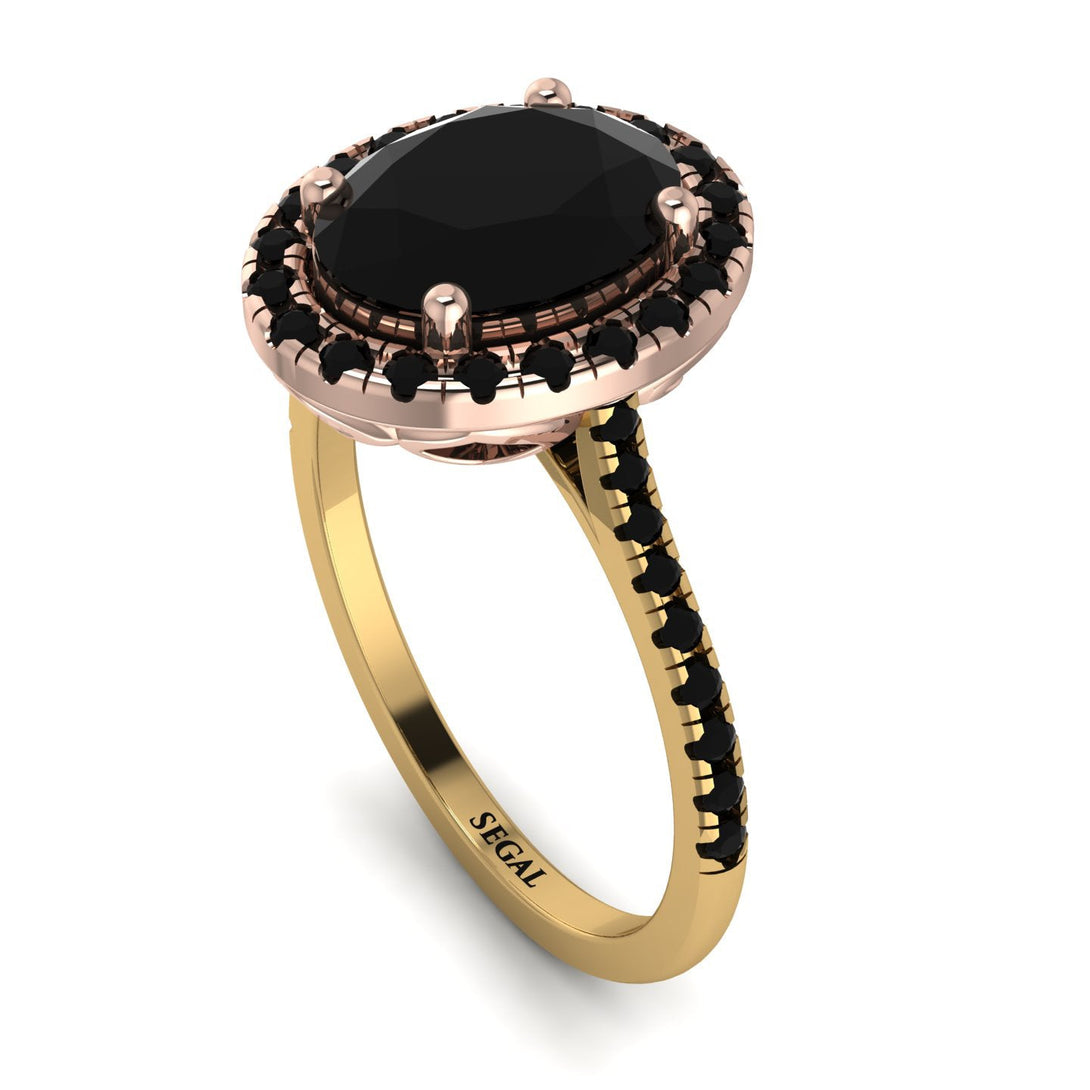 Two Tones Gorgeous Oval Cut Black Diamond Pave Engagement Ring With Hidden Stone - Phoebe No. 79