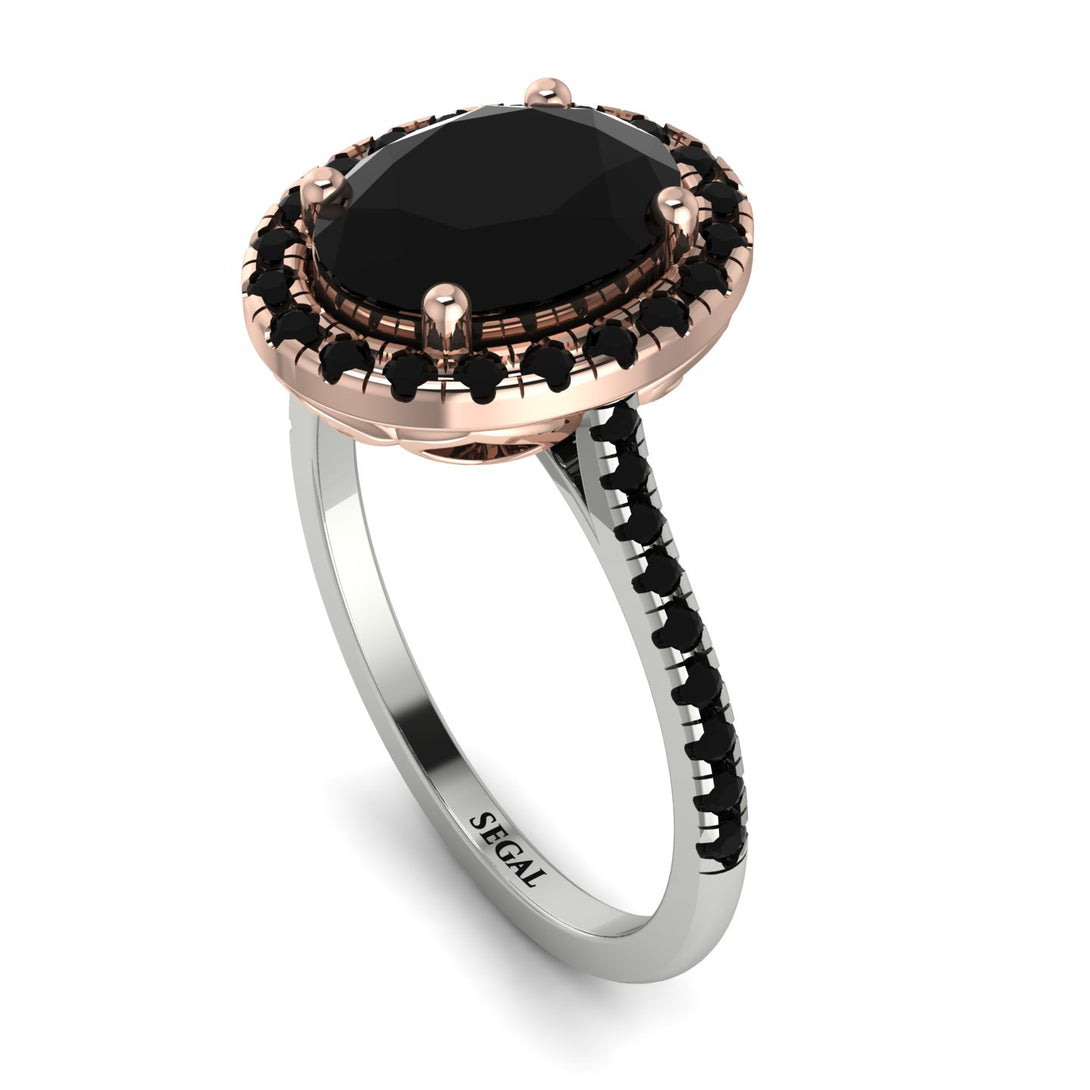 Two Tones Gorgeous Oval Cut Black Diamond Pave Engagement Ring With Hidden Stone - Phoebe No. 81