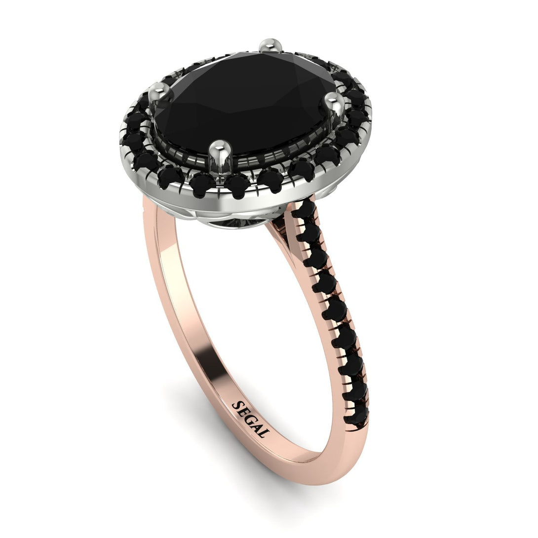 Two Tones Gorgeous Oval Cut Black Diamond Pave Engagement Ring With Hidden Stone - Phoebe No. 81