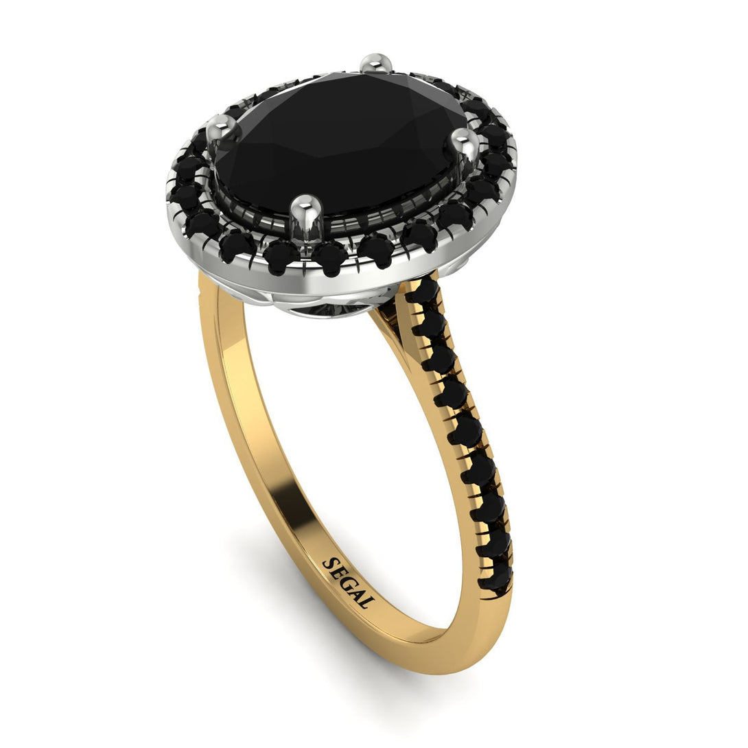 Two Tones Gorgeous Oval Cut Black Diamond Pave Engagement Ring With Hidden Stone - Phoebe No. 80