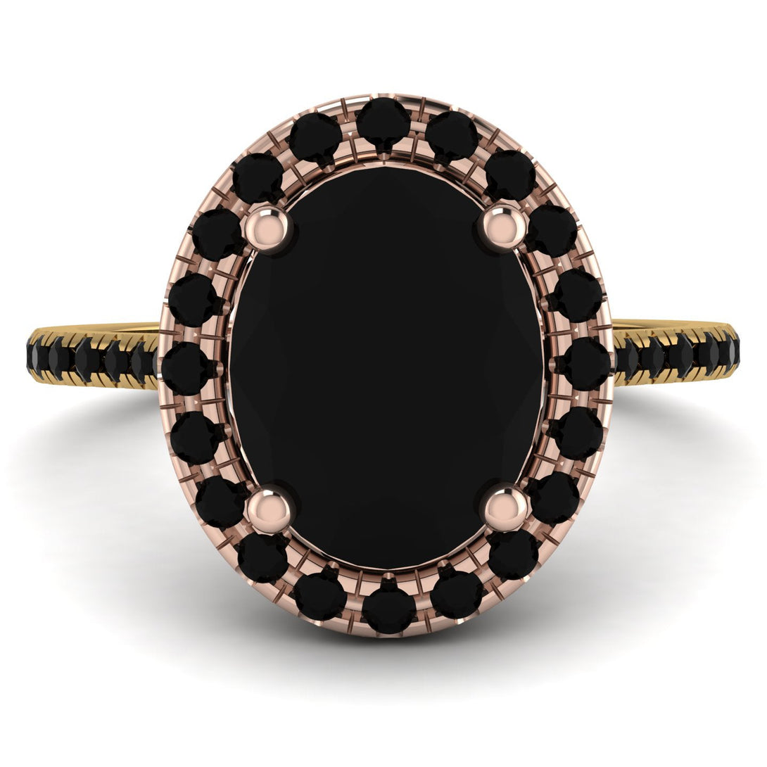 Two Tones Gorgeous Oval Cut Black Diamond Pave Engagement Ring With Hidden Stone - Phoebe No. 79