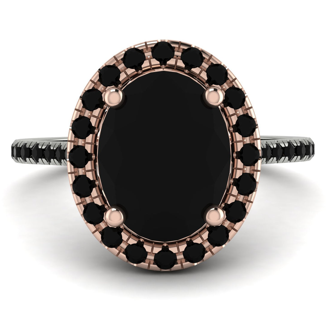 Two Tones Gorgeous Oval Cut Black Diamond Pave Engagement Ring With Hidden Stone - Phoebe No. 81