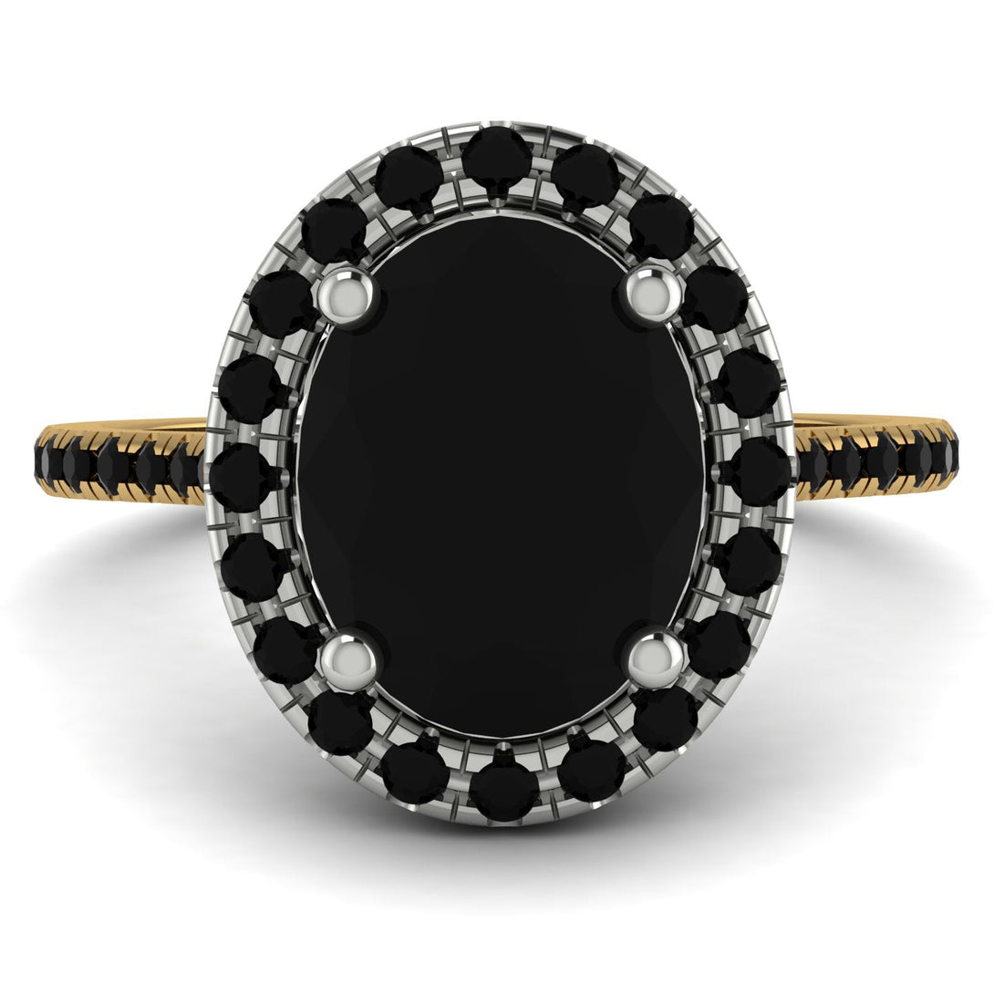Two Tones Gorgeous Oval Cut Black Diamond Pave Engagement Ring With Hidden Stone - Phoebe No. 80