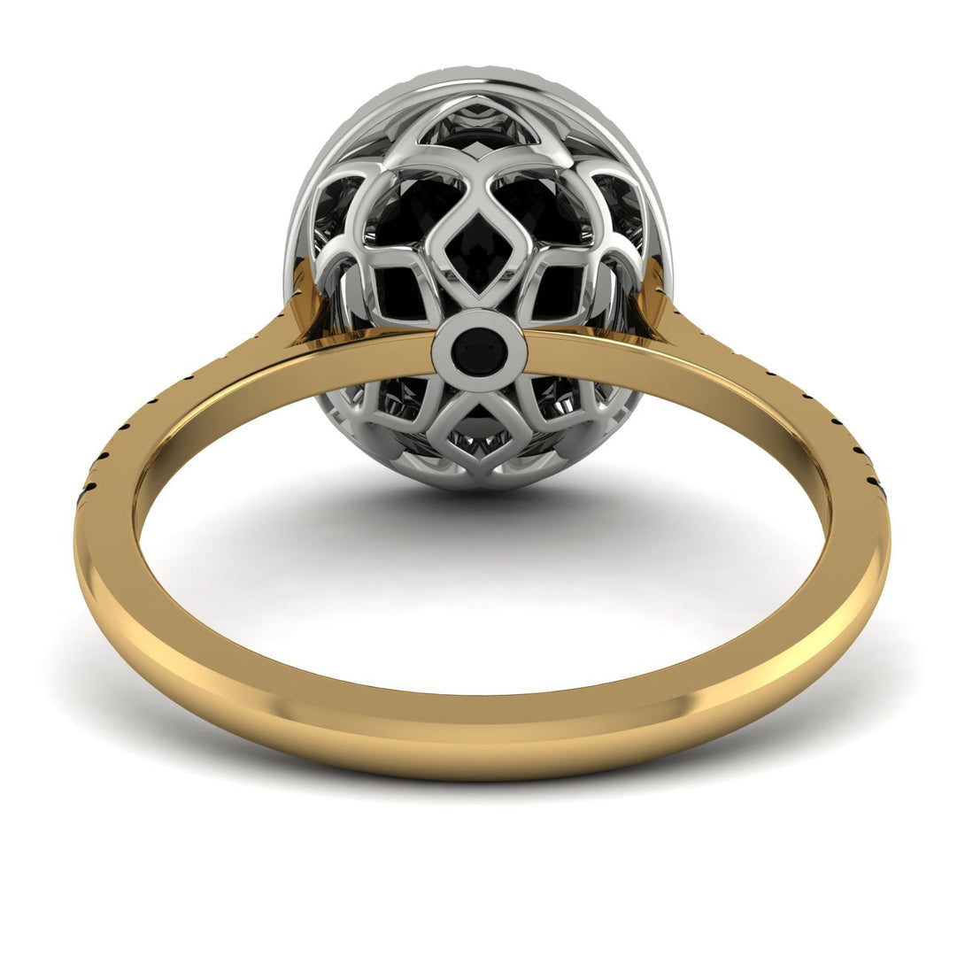 Two Tones Gorgeous Oval Cut Black Diamond Pave Engagement Ring With Hidden Stone - Phoebe No. 80