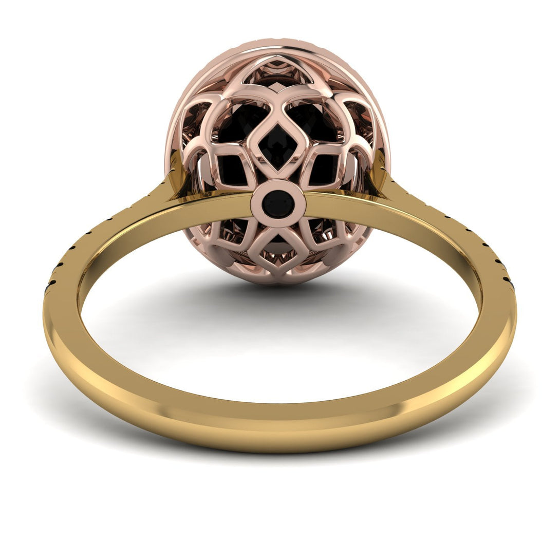 Two Tones Gorgeous Oval Cut Black Diamond Pave Engagement Ring With Hidden Stone - Phoebe No. 79