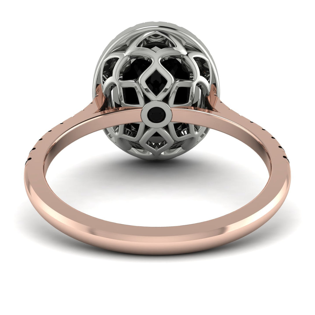 Two Tones Gorgeous Oval Cut Black Diamond Pave Engagement Ring With Hidden Stone - Phoebe No. 81