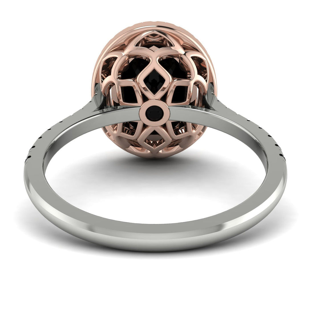 Two Tones Gorgeous Oval Cut Black Diamond Pave Engagement Ring With Hidden Stone - Phoebe No. 81