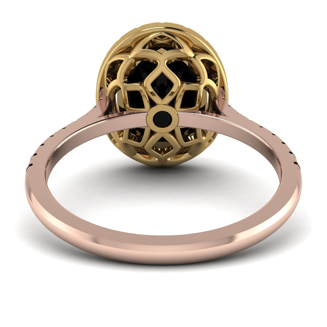 Two Tones Gorgeous Oval Cut Black Diamond Pave Engagement Ring With Hidden Stone - Phoebe No. 79