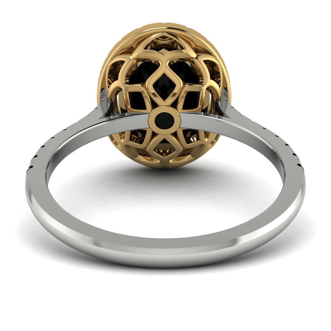 Two Tones Gorgeous Oval Cut Black Diamond Pave Engagement Ring With Hidden Stone - Phoebe No. 80