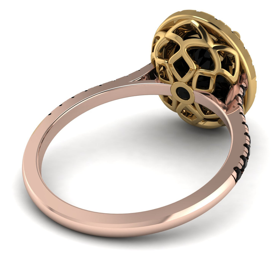 Two Tones Gorgeous Oval Cut Black Diamond Pave Engagement Ring With Hidden Stone - Phoebe No. 79