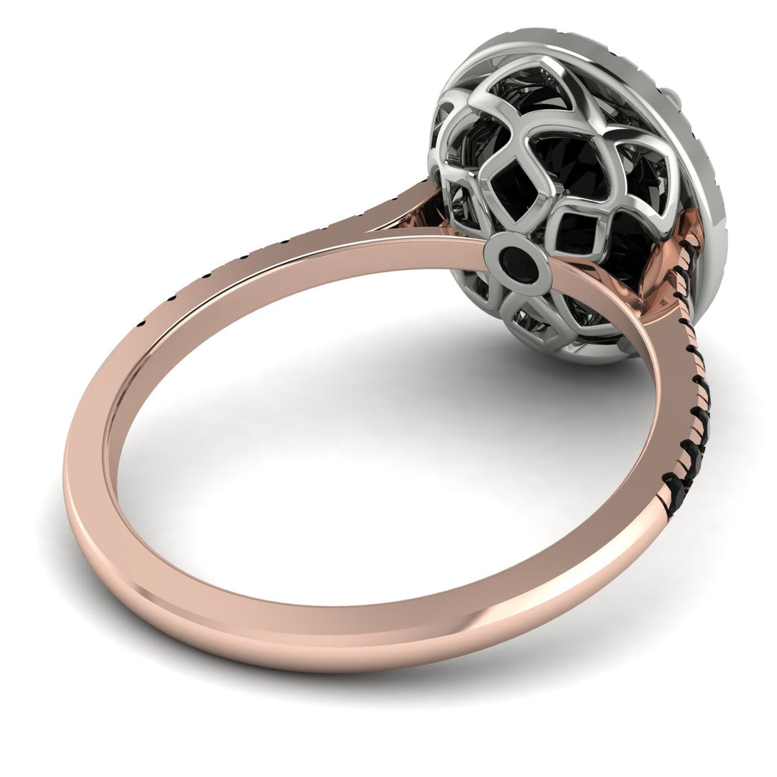 Two Tones Gorgeous Oval Cut Black Diamond Pave Engagement Ring With Hidden Stone - Phoebe No. 81