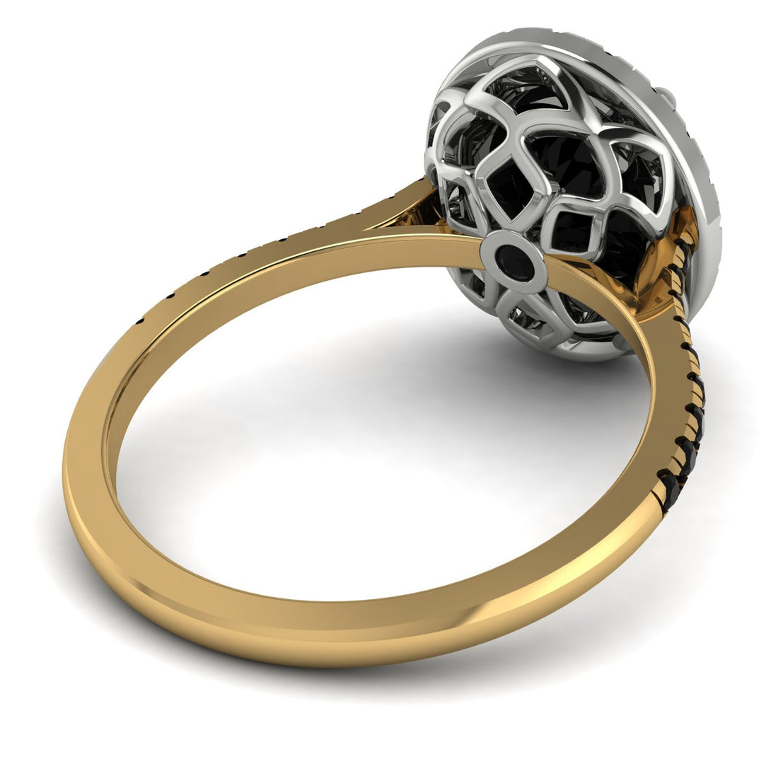 Two Tones Gorgeous Oval Cut Black Diamond Pave Engagement Ring With Hidden Stone - Phoebe No. 80